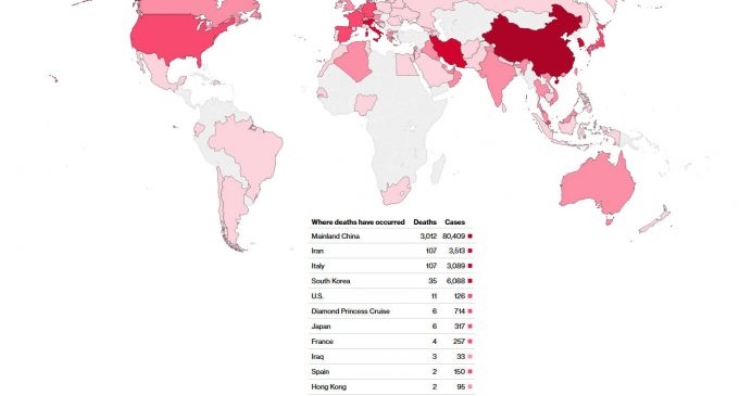 Bản đồ cập nhật tình hình dịch bệnh COVID-19 trên thế giới từ hãng tin Bloomberg