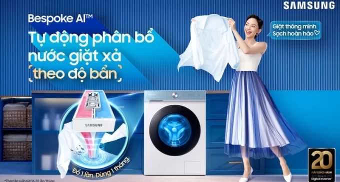 Máy giặt thông minh Samsung Bespoke AI tự động phân bổ nước giặt xả theo độ bẩn và cảm biến chất liệu sợi vải